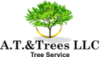 A logo for a tree service company with A.T. & Trees LLC in the middle.