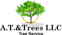 A logo for a tree service company with A.T. & Trees LLC in the middle.
