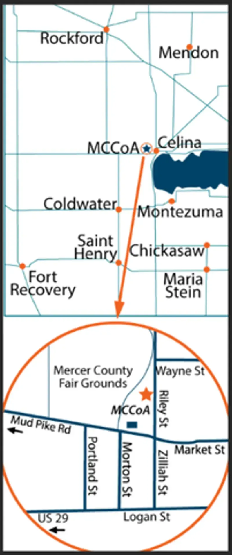 Map of Mercer County, Ohio, with a focus on Celina and the Mercer County Fairgrounds.