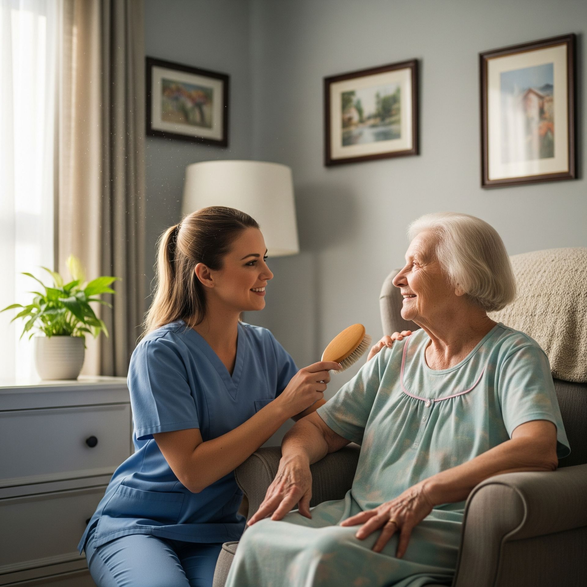 Lady in a chair talking to a memory care staff member.