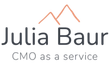 Julia Baur Logo: Name über „CMO as a service“. Berge in Pfirsichfarbe über dem Namen.