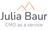 Julia Baur Logo: Name über „CMO as a service“. Berge in Pfirsichfarbe über dem Namen.