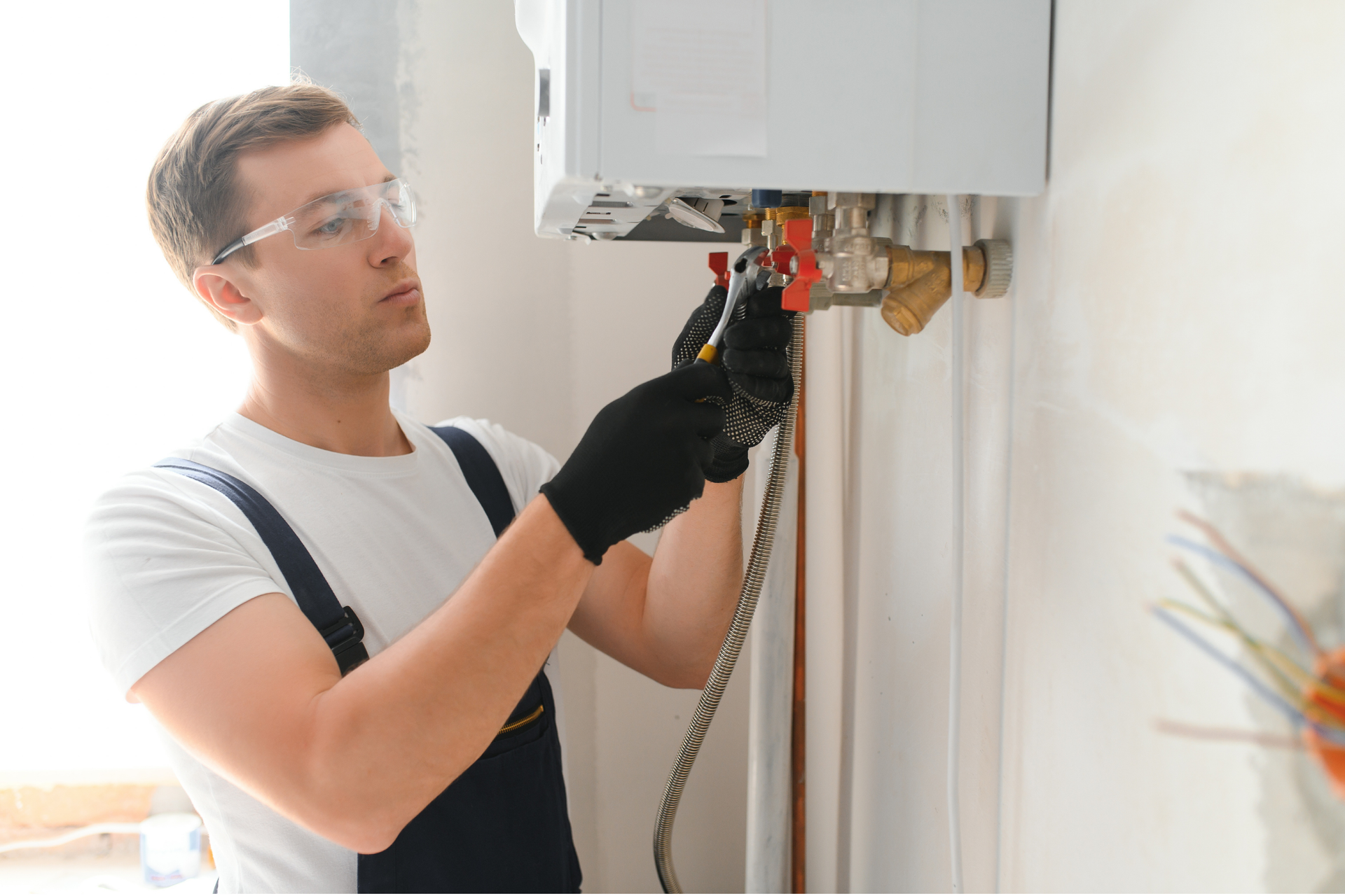 Technician repairing a wall-mounted boiler with tools, wearing gloves and safety glasses