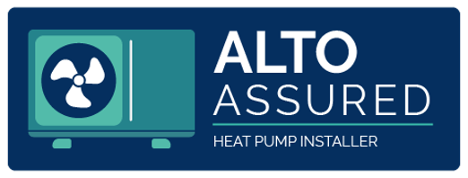 ALTO ASSURED heat pump installer logo on a blue sign with a white fan icon and teal accents