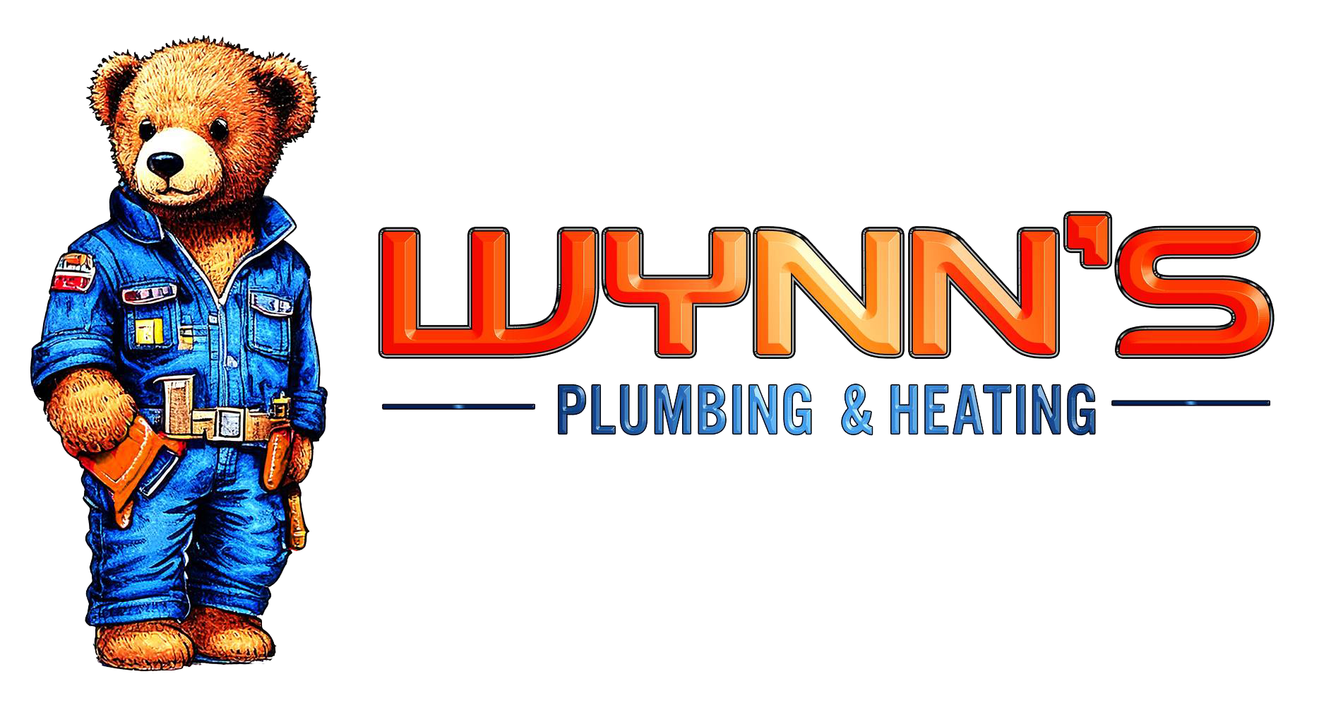 Logo for Wynn’s Plumbing & Heating with a teddy bear mascot in blue coveralls and orange lettering