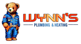 Logo for Wynn’s Plumbing & Heating with a teddy bear mascot in blue coveralls and orange lettering