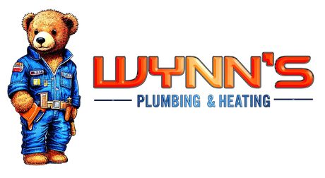 Logo for Wynn’s Plumbing & Heating with a teddy bear mascot in blue coveralls and orange lettering