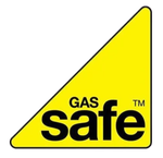 Yellow triangular “GAS safe” safety logo with black text and a small TM mark