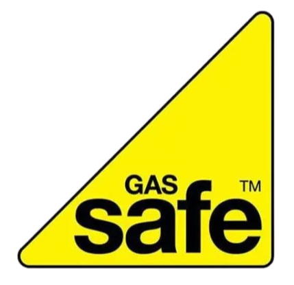 Yellow triangular “GAS safe” logo with black text.