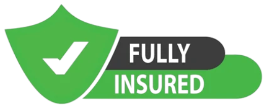 Green shield with checkmark and “FULLY INSURED” text on black and green banner.