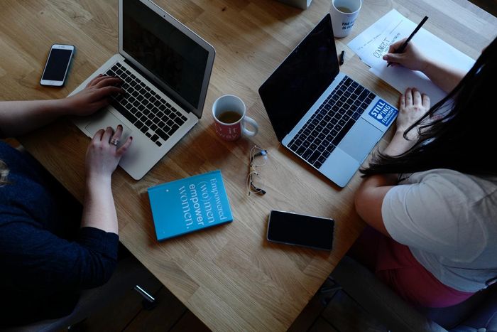 Two people are sitting at a table using laptops
