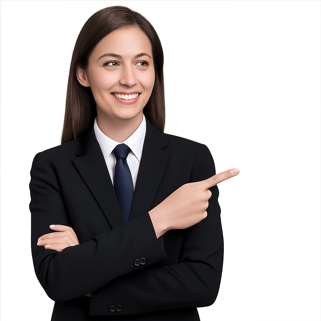 Woman in a black suit smiles and points to the right. She has brown hair and a blue tie.