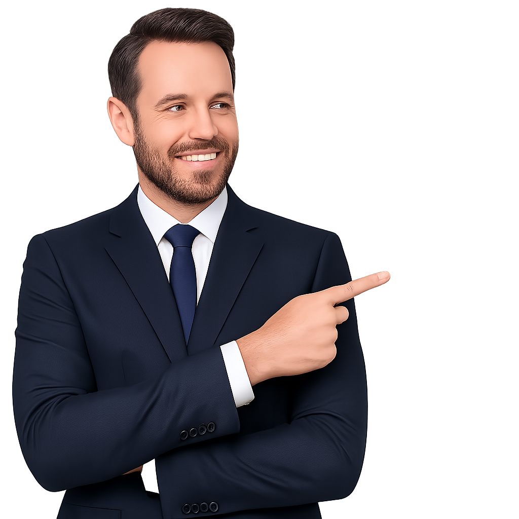 Man in navy suit pointing to the right with a smile, white background.