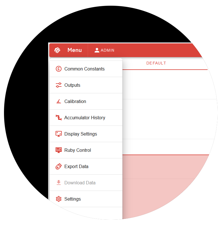 Screenshot of a software menu with red and white interface. The menu options include settings, outputs, and data export.