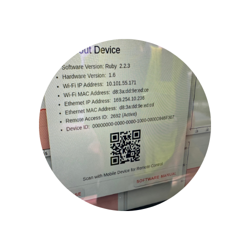 A device information screen displays software version, IP addresses, MAC addresses, and a QR code, likely for device control.