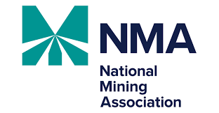 Logo of the National Mining Association. Teal geometric design with 