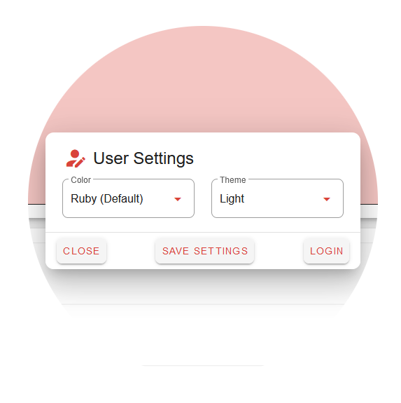 User settings window with color and theme options, set against a pink background, showing a 'close', 'save settings', and 'login' button.