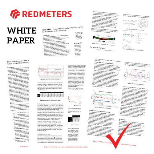 White paper from Redmeters with various text and diagrams, and a red checkmark at the bottom right corner.