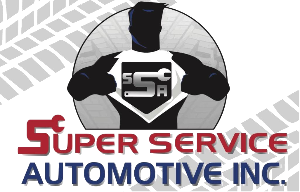 Super Service Automotive Inc. logo with a superhero mechanic emblem in red, blue, and black