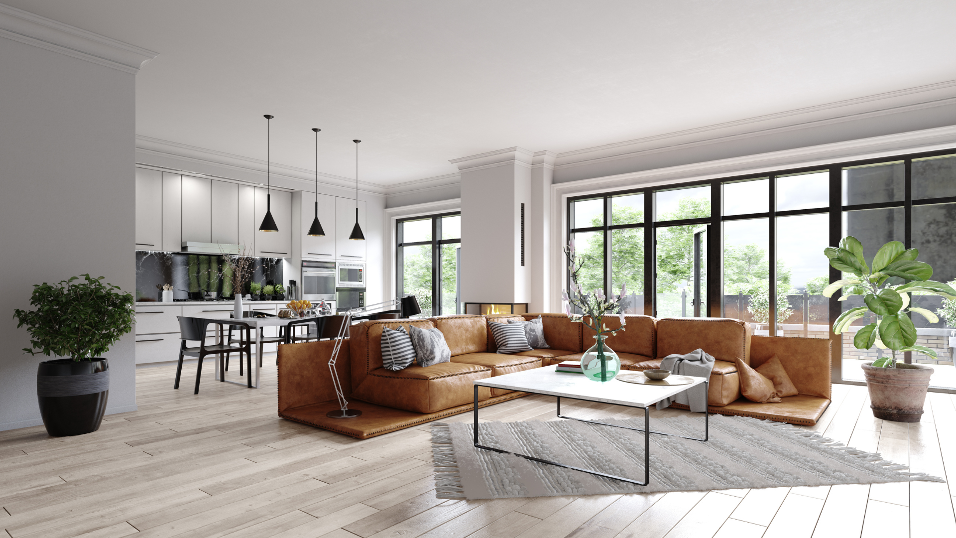 Bright modern living room with tan sectional, white rug, and large windows overlooking greenery