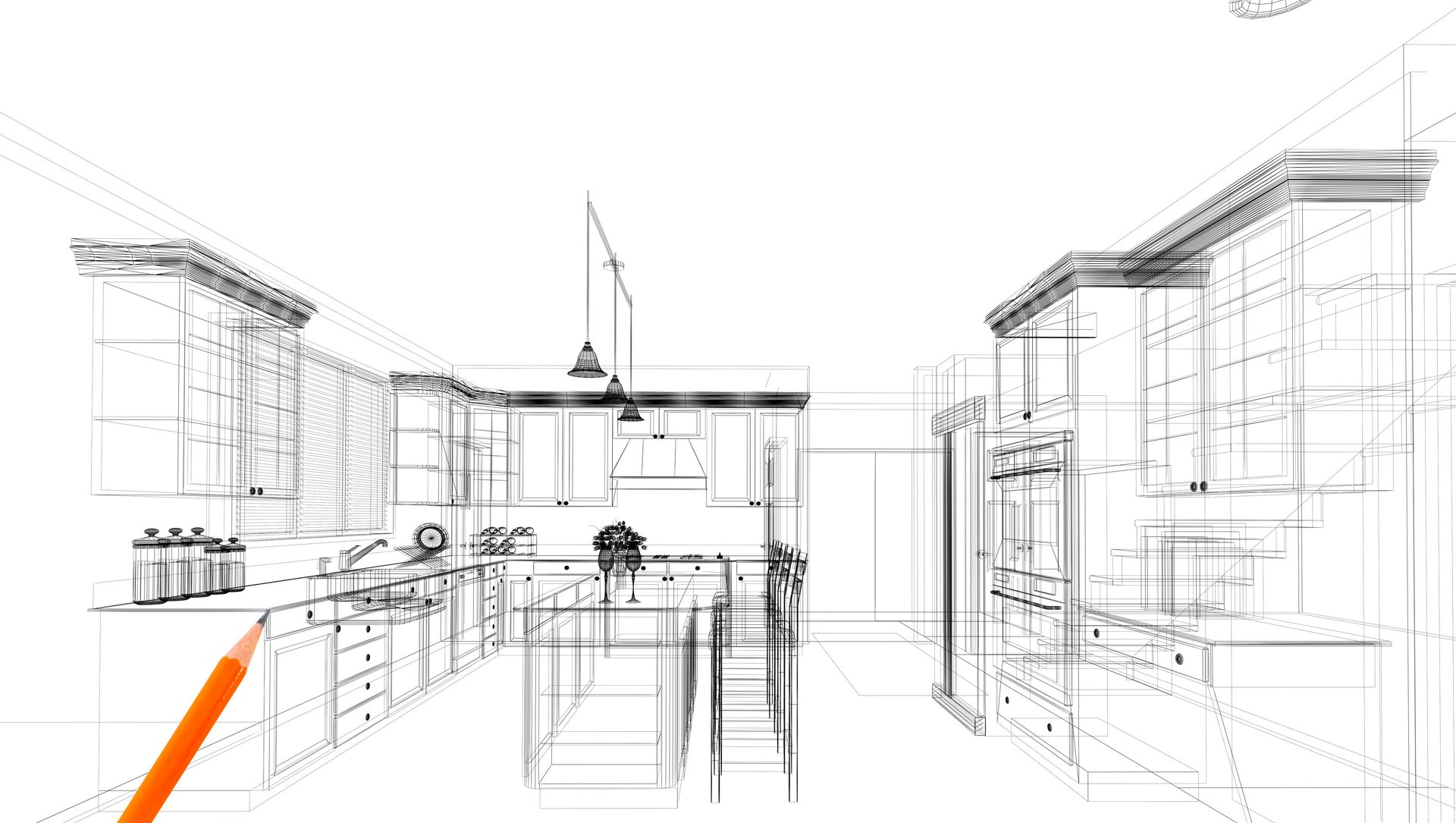 Bright pencil sketch of a modern kitchen interior with cabinets, island, and pendant lights