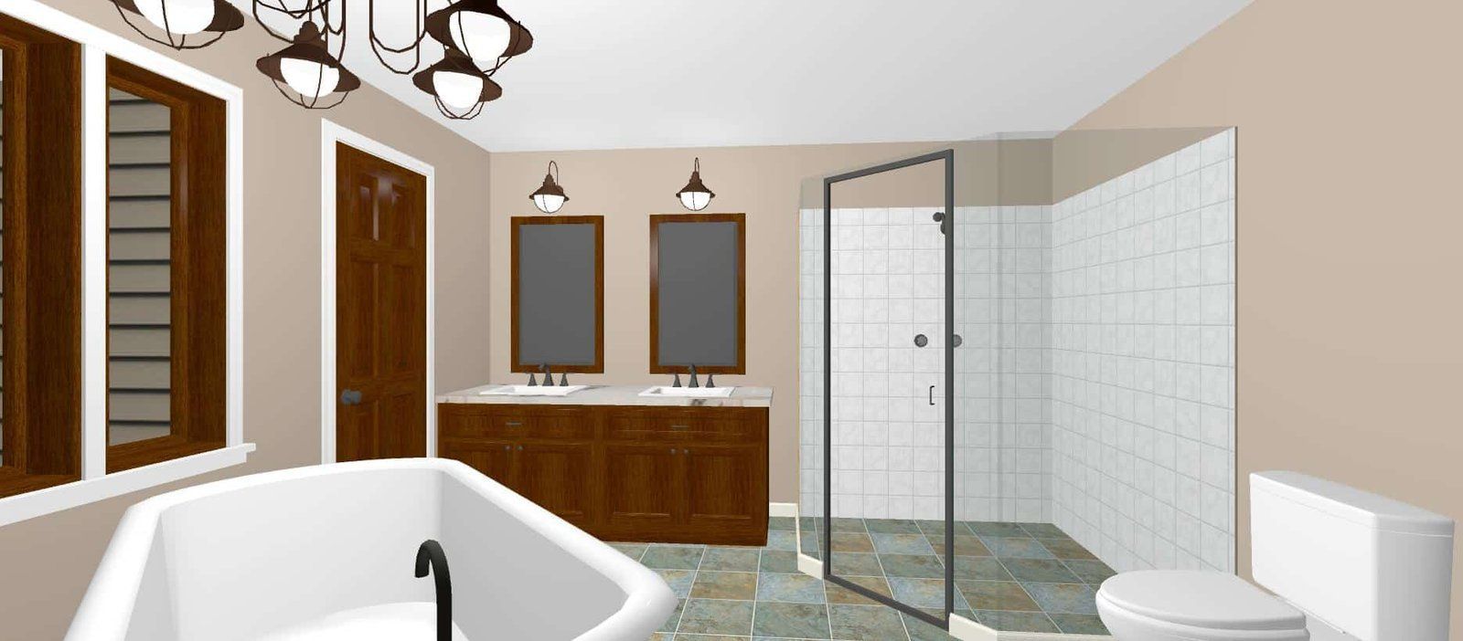 Modern bathroom with bathtub, double vanity, glass shower, and toilet on marble-look flooring