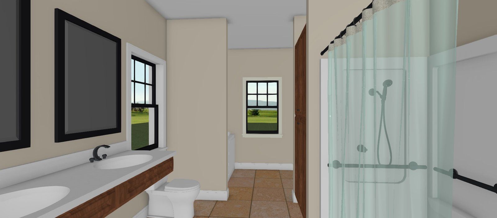 Modern bathroom interior with double sinks, mirrors, toilet, window, and glass shower enclosure