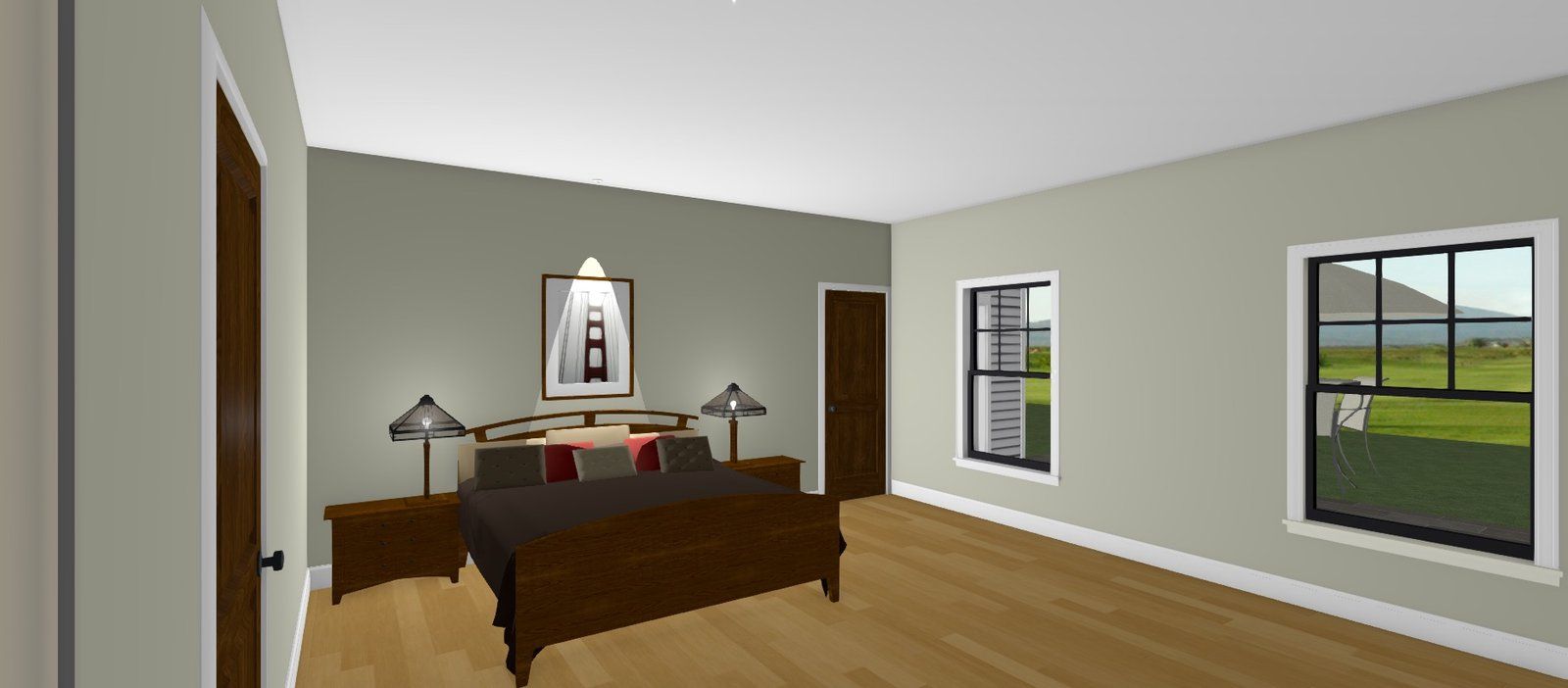 Modern bedroom with a dark wood bed, gray walls, framed art, and two windows showing a green yard