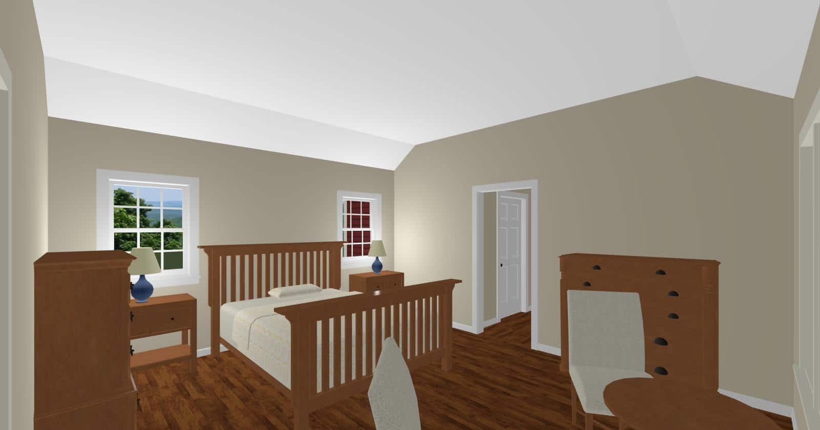 3D-rendered nursery with crib, changing table, window, dresser, and hardwood floor