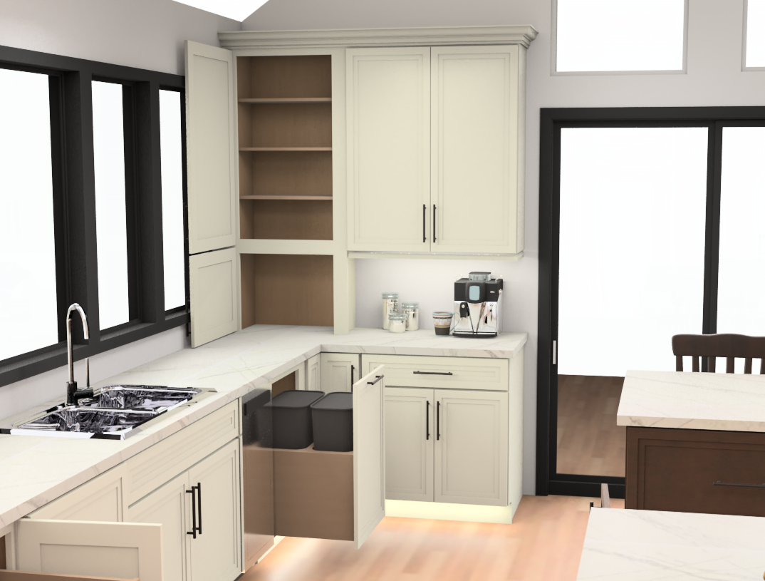 Bright modern kitchen with cream cabinets, black appliances, and a window over the sink