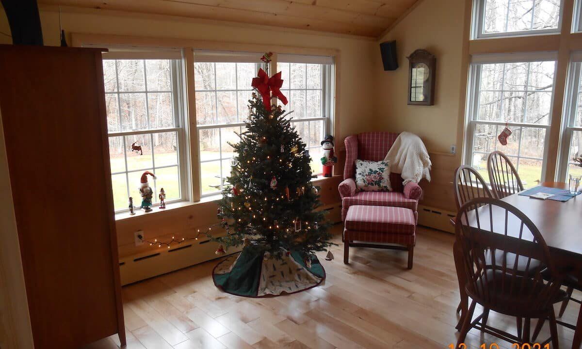 Cozy living room with a lit Christmas tree, armchair, and large windows overlooking snow outside