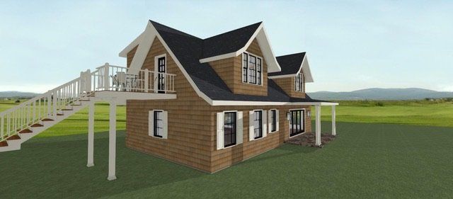 3D rendering of a brown house with steep black roof, white trim, and a raised porch on a grassy lot
