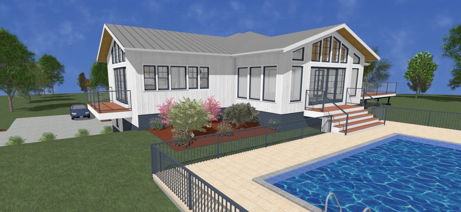 White house with front porch, flower beds, and a blue swimming pool in a landscaped yard
