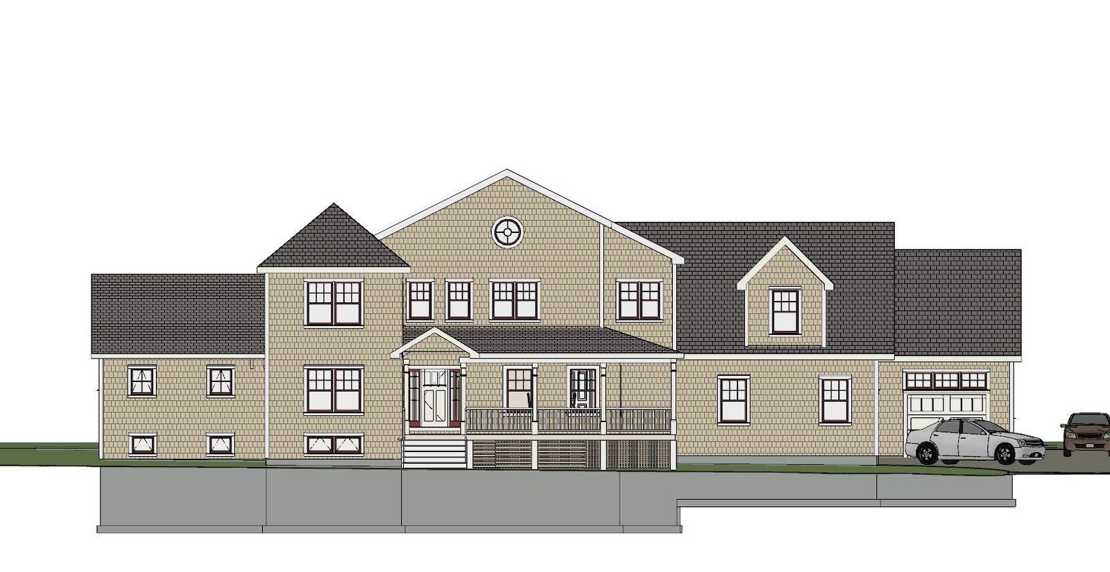 Front view of a beige apartment building with a central entrance, dark roof, and parked car on the right.