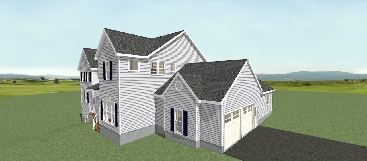 3D rendering of a white two-story house with a small attached garage on a grassy lot