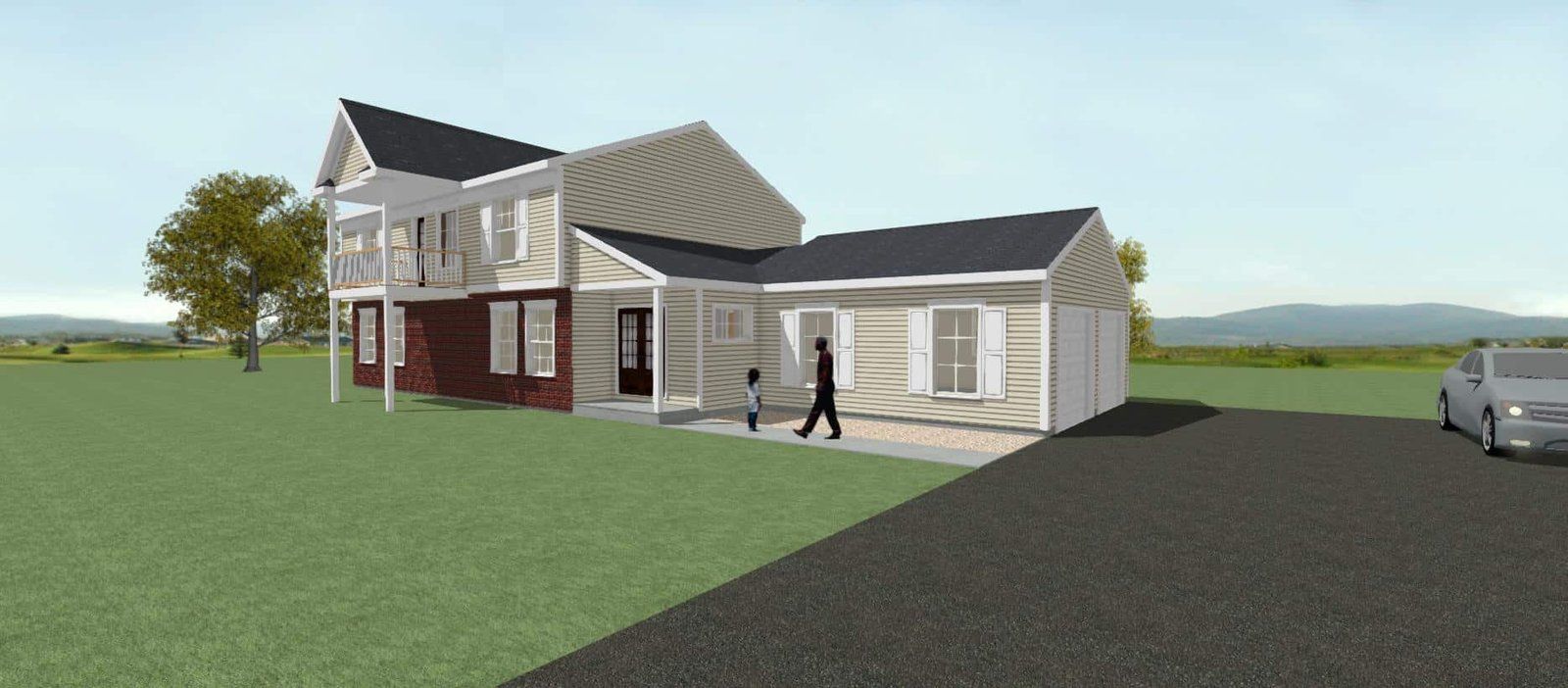 Suburban house rendering with a driveway, a person walking, and a car parked nearby under a cloudy sky