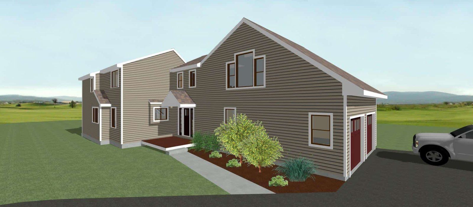 3D house exterior with beige siding, red doors, small front porch, and landscaped yard