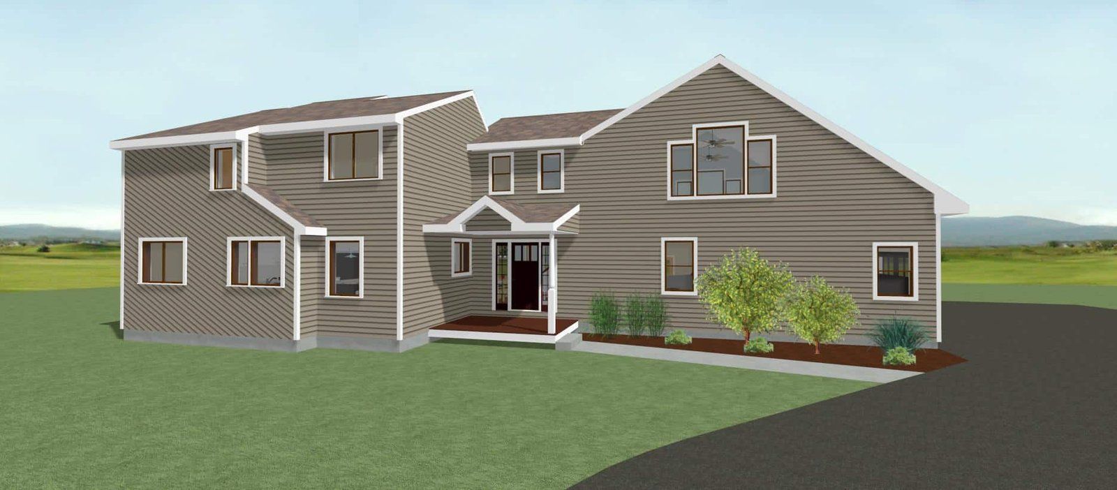 3D rendering of a large gray suburban house with white trim, front porch, and landscaped yard
