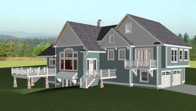 3D rendering of a gray two-story suburban house with a deck, porch, and attached garage in a grassy field