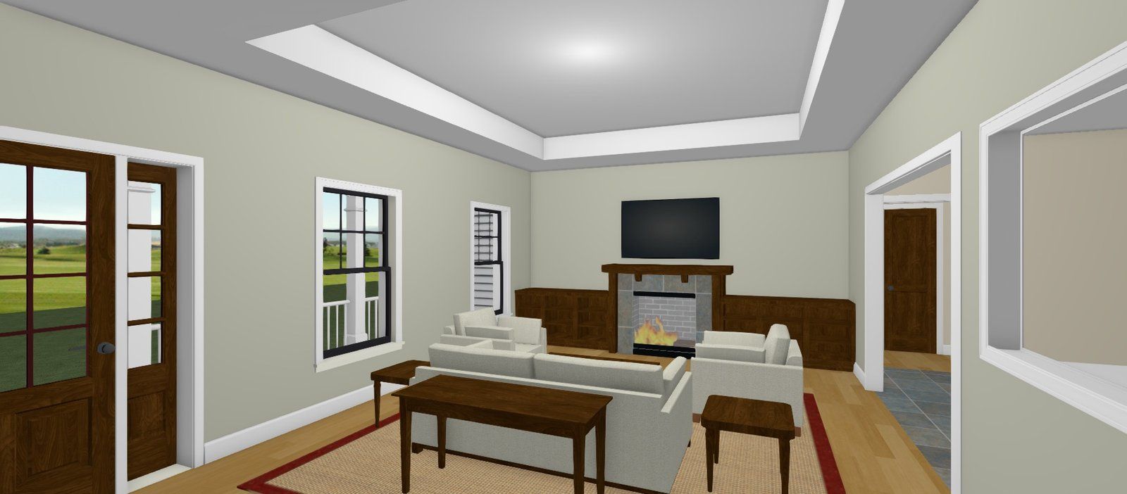 Modern living room with beige walls, white trim, fireplace, TV, sofa, dining table, and large windows