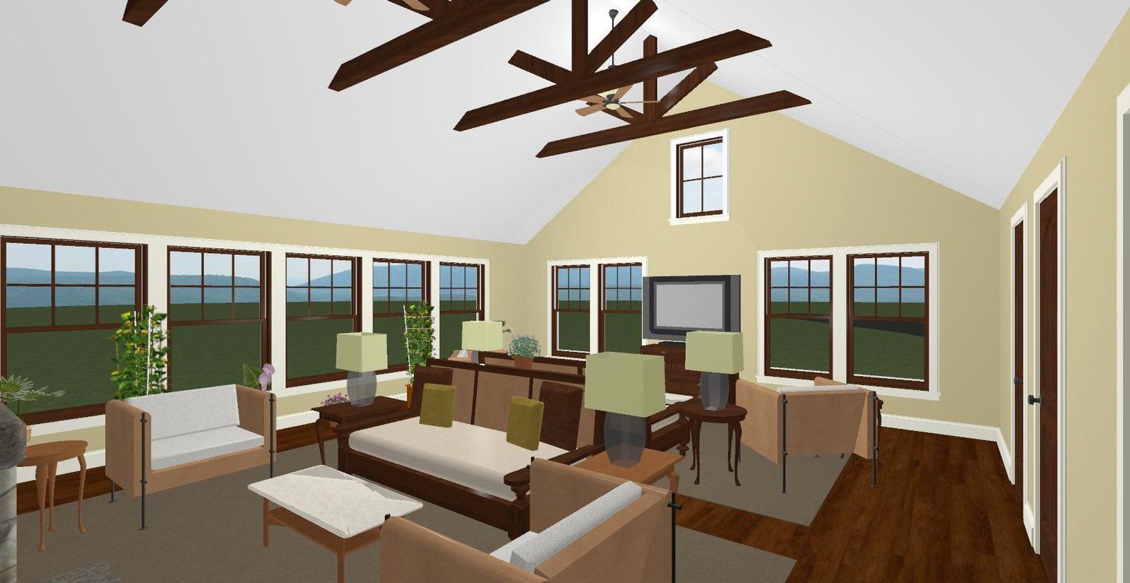 Bright living room with large windows, white sofas, wood floors, and ceiling beams