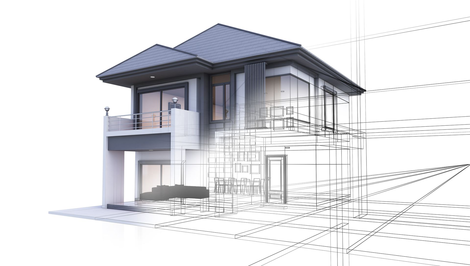 Modern two-story house rendering with rooflines and architectural blueprint-style background