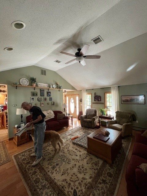 Man vacuuming a beige rug in a sunlit living room with green walls and a ceiling fan.