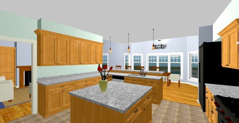 Bright kitchen with wooden cabinets, granite island, and large windows overlooking a sunlit dining area.