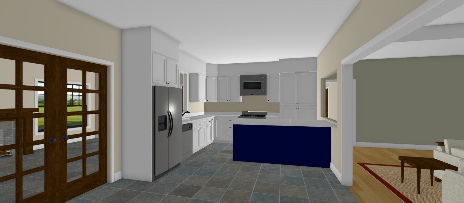 Modern kitchen with white cabinets, blue island, tiled floor, and wooden doors leading to a porch