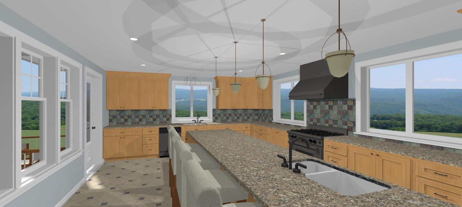 Modern kitchen with wood cabinets, granite island, pendant lights, and large windows overlooking a landscape