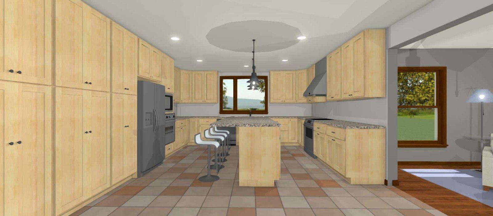 Modern kitchen interior with light wood cabinets, tiled floor, island, and windows.
