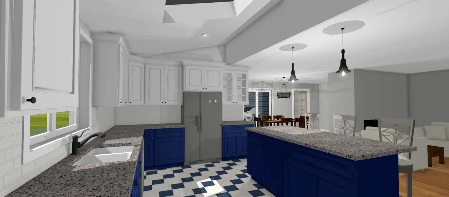 Bright modern kitchen with white cabinets, blue island, checkered floor, and open dining area