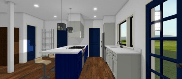 Modern kitchen with blue cabinets, white countertops, wood floors, and large windows overlooking greenery