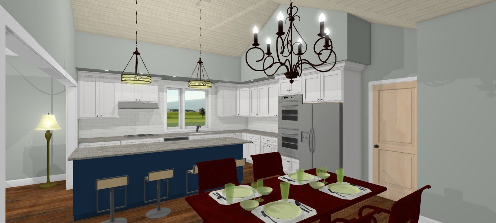 Modern kitchen and dining area with blue island, chandelier, and set dining table